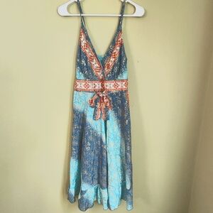 Art Silk Bohemian Blue and Red Sundress Tie Drewstring Waist Shirring Back